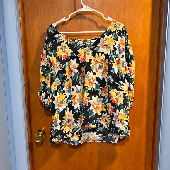 Ava & Viv 2X Black Floral Puff Sleeve Blouse – Vibrant Yellow & Red Sunflowers - Picture 15 of 15